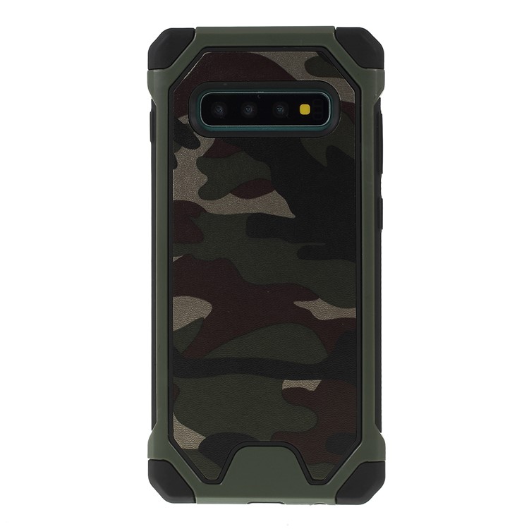 Camouflage Leather Coated PC TPU Combo Case for Samsung Galaxy S10 Plus - Army Green-2