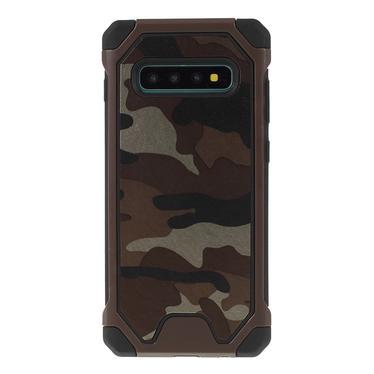 Camouflage Leather Coated PC TPU Combo Case for Samsung Galaxy S10 Plus - Coffee-1
