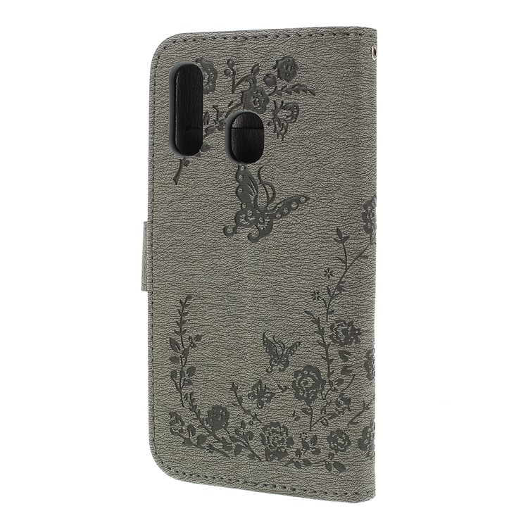 For Samsung Galaxy A40 Imprinted Butterfly Flowers Rhinestone Flip Wallet Leather Stand Case Accessory - Grey-2