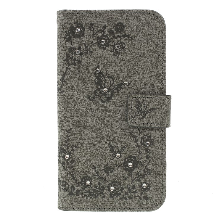 For Samsung Galaxy A40 Imprinted Butterfly Flowers Rhinestone Flip Wallet Leather Stand Case Accessory - Grey-3