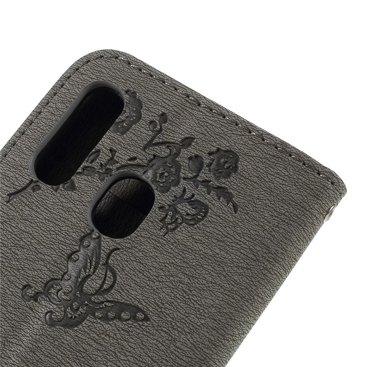 For Samsung Galaxy A40 Imprinted Butterfly Flowers Rhinestone Flip Wallet Leather Stand Case Accessory - Grey-5