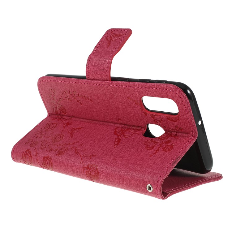 For Samsung Galaxy A40 Imprinted Butterfly Flowers Rhinestone Flip Wallet Leather Stand Case Accessory - Rose-3