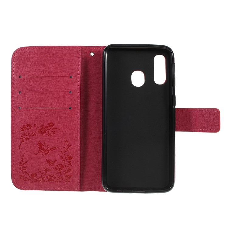 For Samsung Galaxy A40 Imprinted Butterfly Flowers Rhinestone Flip Wallet Leather Stand Case Accessory - Rose-4