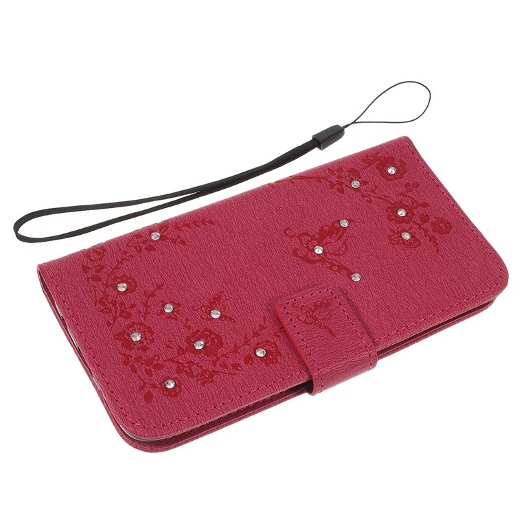For Samsung Galaxy A40 Imprinted Butterfly Flowers Rhinestone Flip Wallet Leather Stand Case Accessory - Rose-5