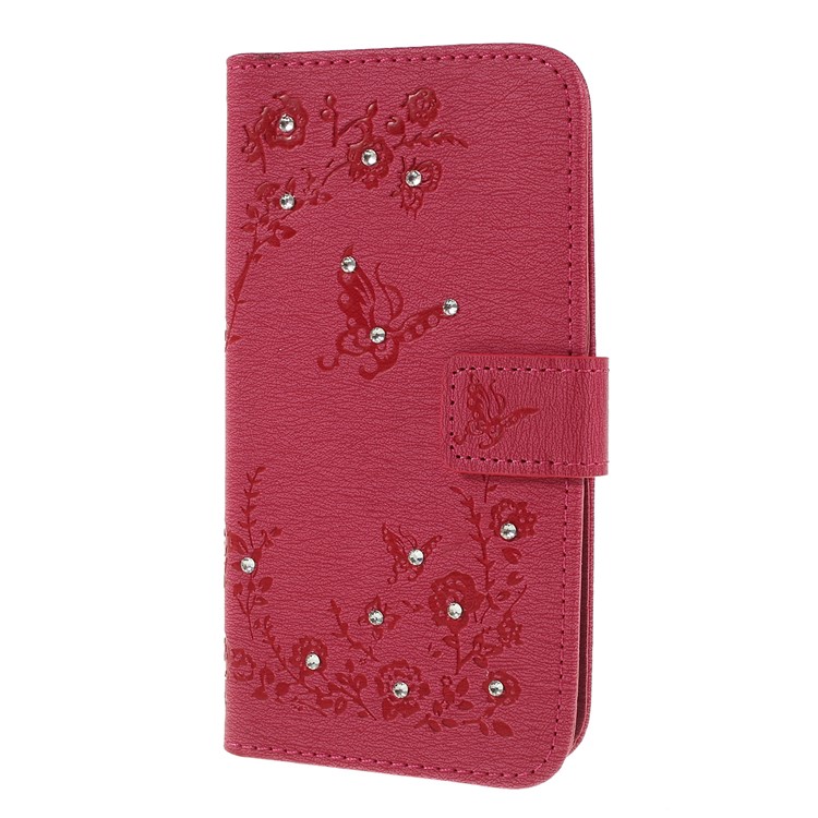 For Samsung Galaxy A40 Imprinted Butterfly Flowers Rhinestone Flip Wallet Leather Stand Case Accessory - Rose-6