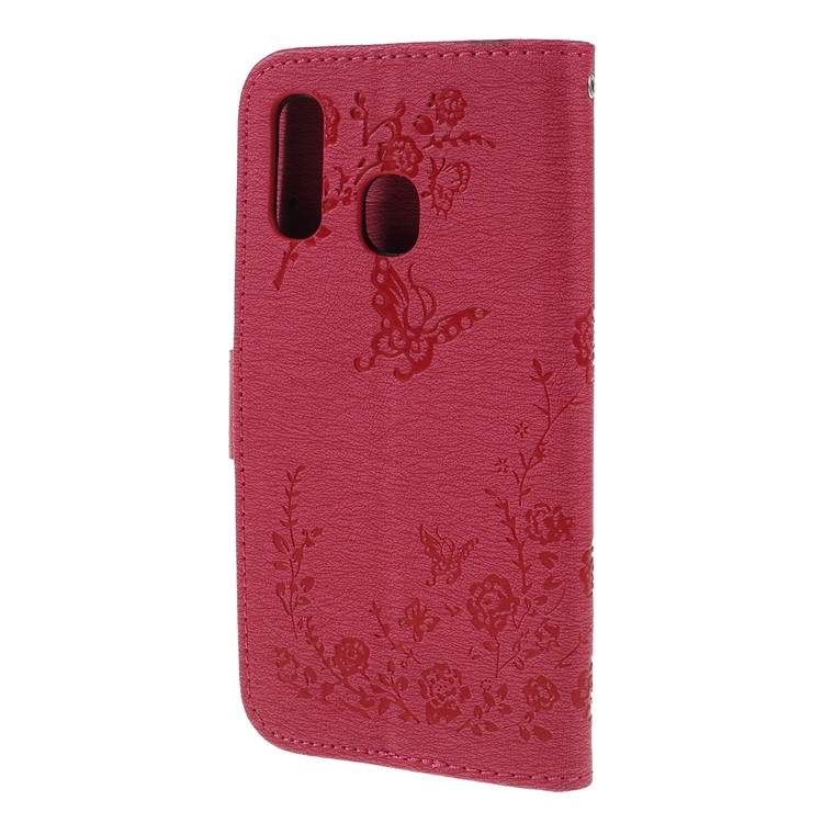 For Samsung Galaxy A40 Imprinted Butterfly Flowers Rhinestone Flip Wallet Leather Stand Case Accessory - Rose-7