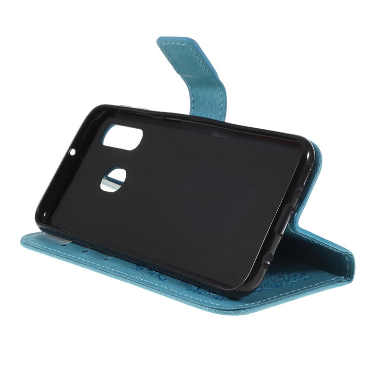 For Samsung Galaxy A40 Imprinted Butterfly Flowers Rhinestone Flip Wallet Leather Stand Case Accessory - Blue-2