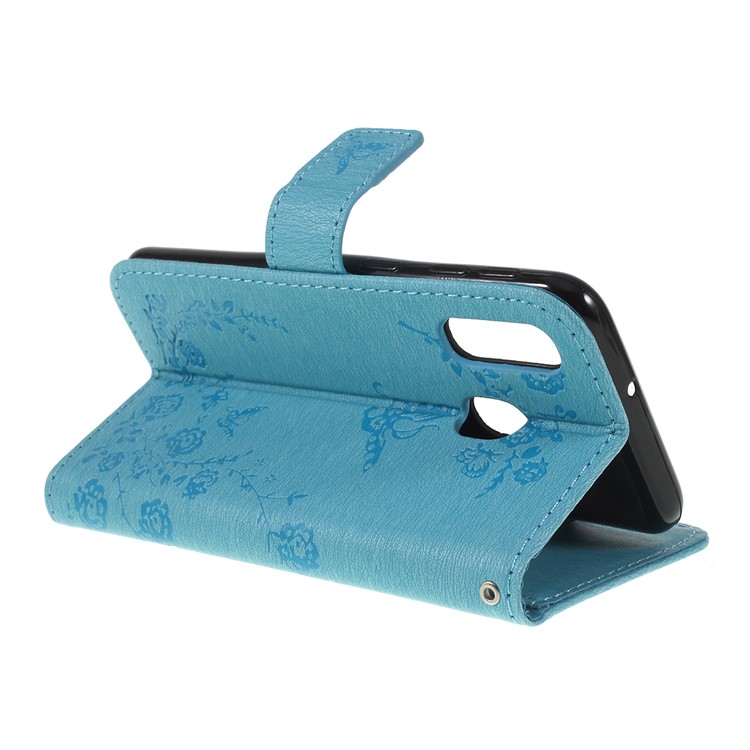For Samsung Galaxy A40 Imprinted Butterfly Flowers Rhinestone Flip Wallet Leather Stand Case Accessory - Blue-3
