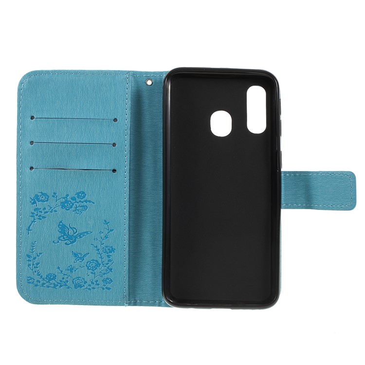For Samsung Galaxy A40 Imprinted Butterfly Flowers Rhinestone Flip Wallet Leather Stand Case Accessory - Blue-4