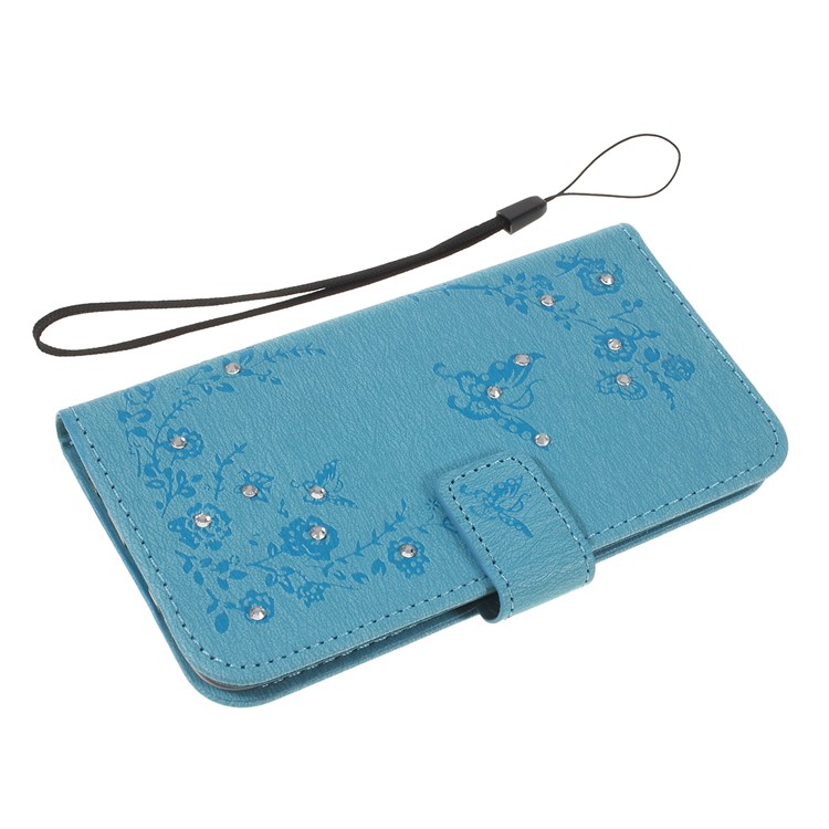 For Samsung Galaxy A40 Imprinted Butterfly Flowers Rhinestone Flip Wallet Leather Stand Case Accessory - Blue-5