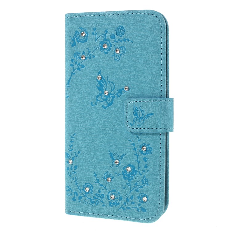 For Samsung Galaxy A40 Imprinted Butterfly Flowers Rhinestone Flip Wallet Leather Stand Case Accessory - Blue-6