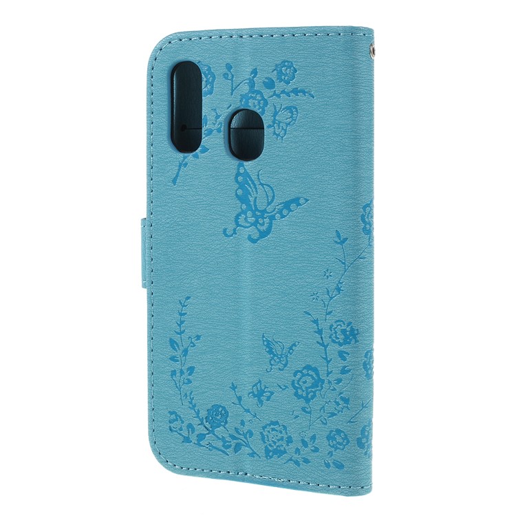 For Samsung Galaxy A40 Imprinted Butterfly Flowers Rhinestone Flip Wallet Leather Stand Case Accessory - Blue-7