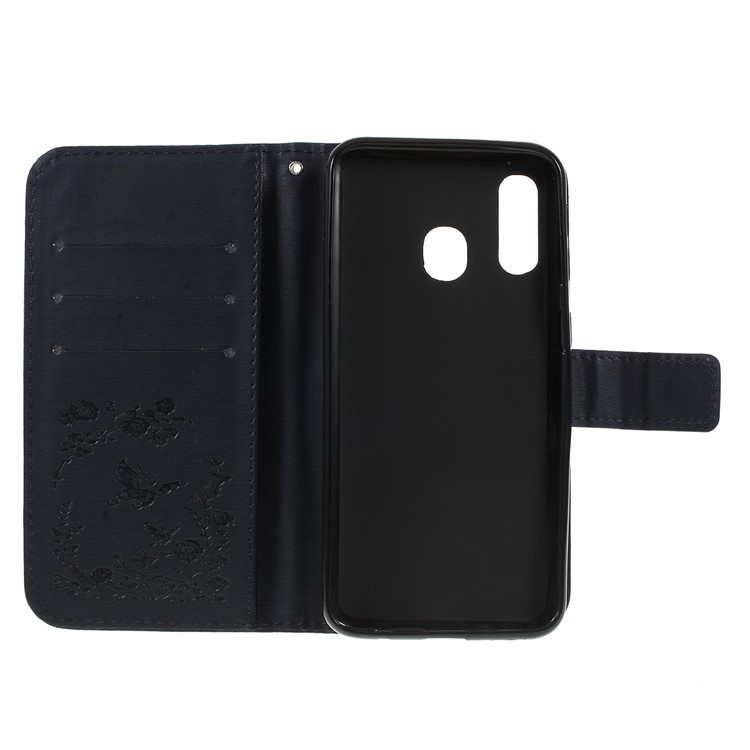 For Samsung Galaxy A40 Imprinted Butterfly Flowers Rhinestone Flip Wallet Leather Stand Case Accessory - Black-4