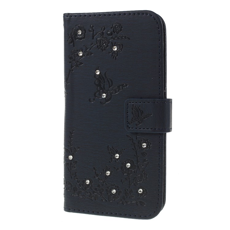 For Samsung Galaxy A40 Imprinted Butterfly Flowers Rhinestone Flip Wallet Leather Stand Case Accessory - Black-6