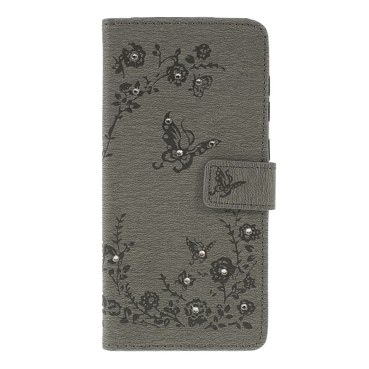 For Samsung Galaxy A70 Imprinted Butterfly Flowers Rhinestone Flip Wallet Leather Stand Phone Case - Grey-3