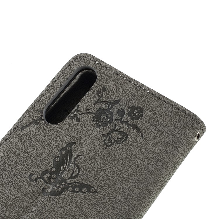 For Samsung Galaxy A70 Imprinted Butterfly Flowers Rhinestone Flip Wallet Leather Stand Phone Case - Grey-5