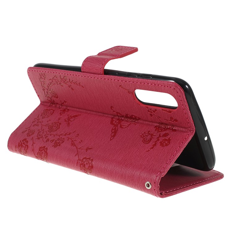 For Samsung Galaxy A70 Imprinted Butterfly Flowers Rhinestone Flip Wallet Leather Stand Phone Case - Rose-3
