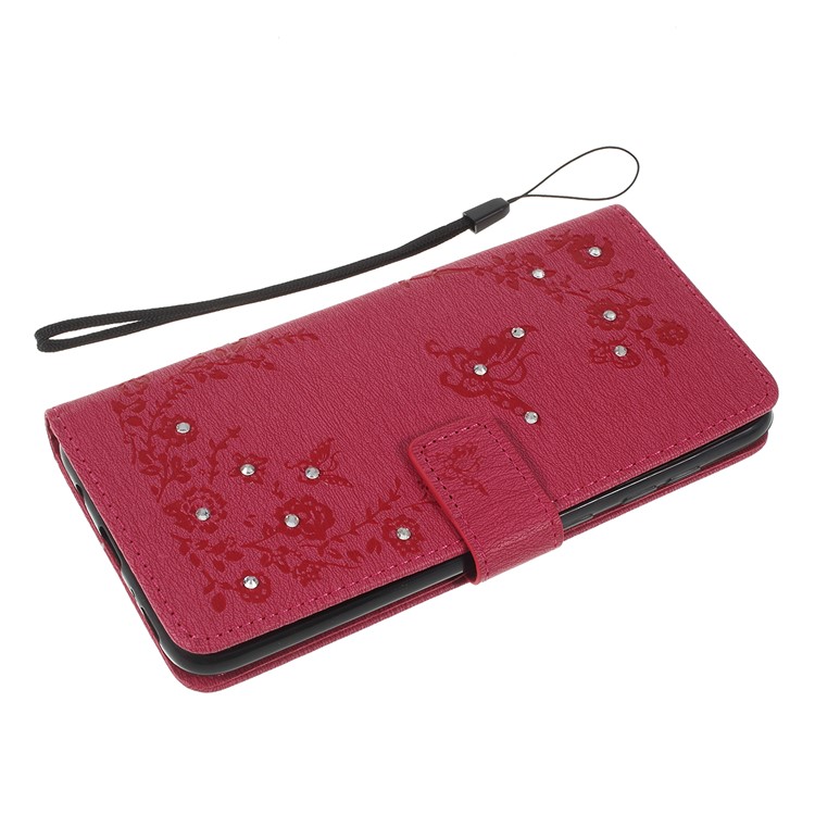 For Samsung Galaxy A70 Imprinted Butterfly Flowers Rhinestone Flip Wallet Leather Stand Phone Case - Rose-5