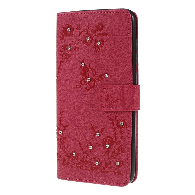 For Samsung Galaxy A70 Imprinted Butterfly Flowers Rhinestone Flip Wallet Leather Stand Phone Case - Rose-6