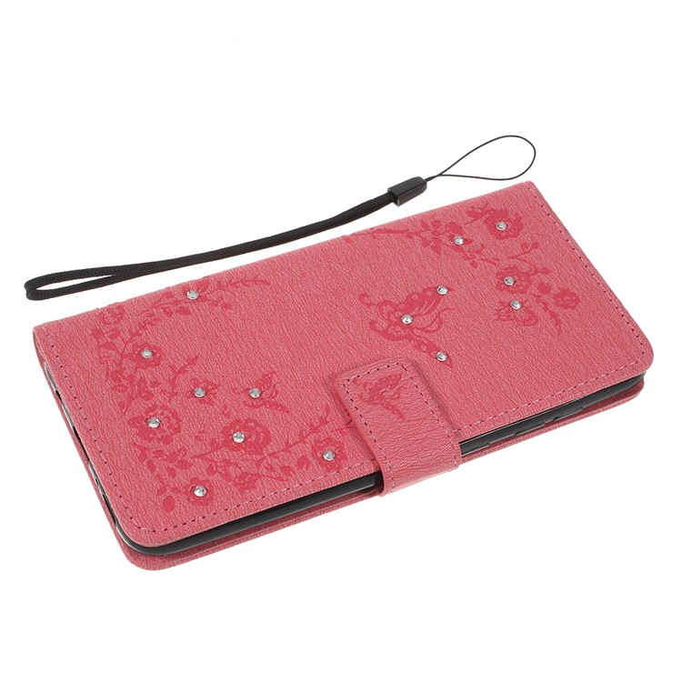 For Samsung Galaxy A70 Imprinted Butterfly Flowers Rhinestone Flip Wallet Leather Stand Phone Case - Pink-5