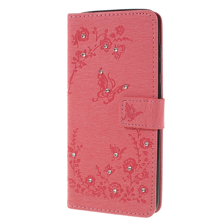 For Samsung Galaxy A70 Imprinted Butterfly Flowers Rhinestone Flip Wallet Leather Stand Phone Case - Pink-6