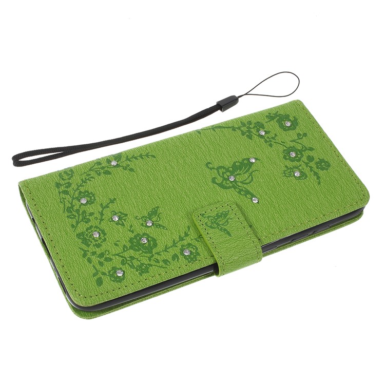 For Samsung Galaxy A70 Imprinted Butterfly Flowers Rhinestone Flip Wallet Leather Stand Phone Case - Green-5