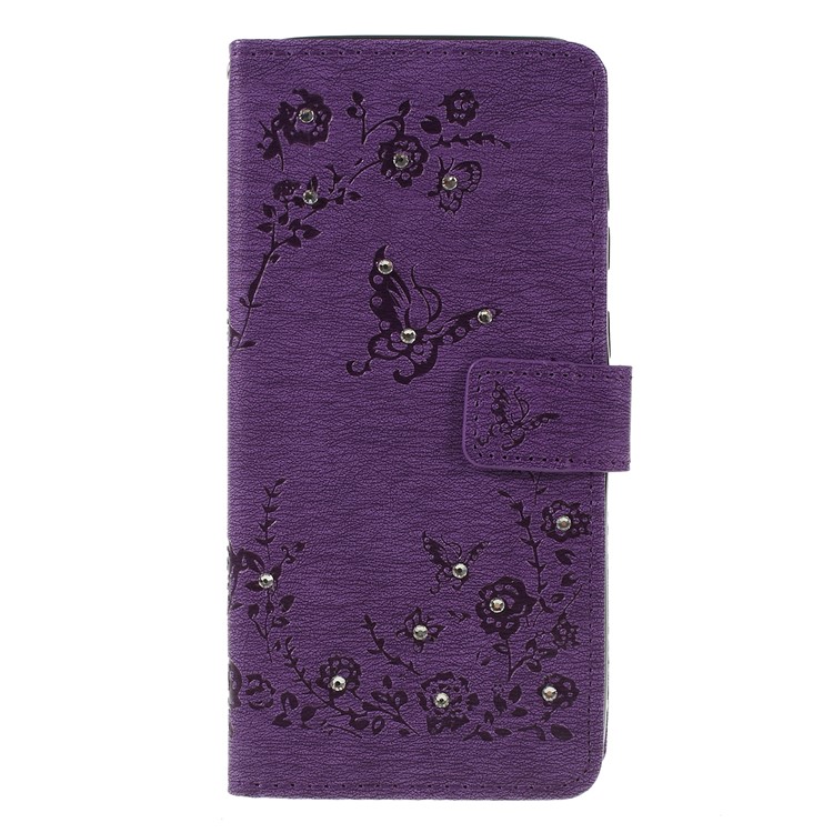 For Samsung Galaxy A70 Imprinted Butterfly Flowers Rhinestone Flip Wallet Leather Stand Phone Case - Purple-1