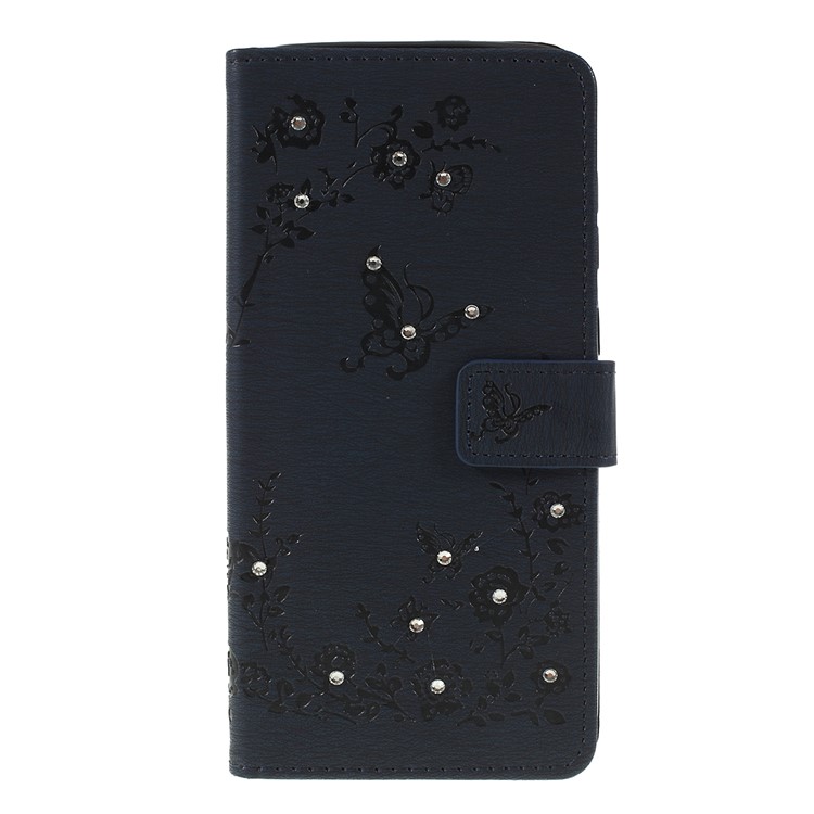 

For Samsung Galaxy A70 Imprinted Butterfly Flowers Rhinestone Flip Wallet Leather Stand Phone Case - Black, Galaxy A70
