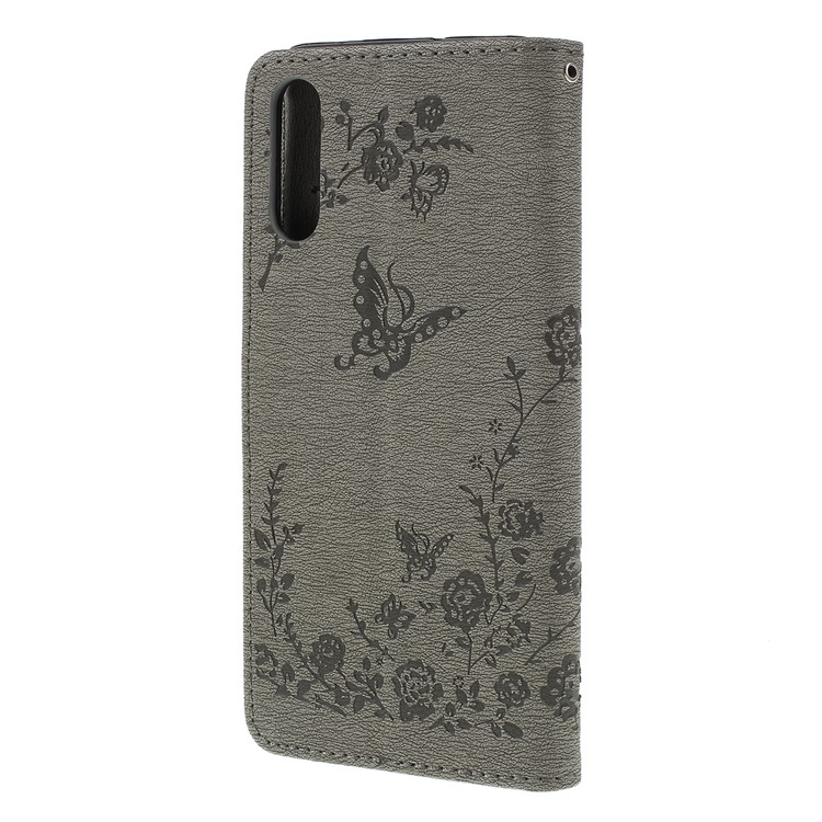 For Samsung Galaxy A50 Imprinted Butterfly Flowers Rhinestone Flip Wallet Leather Stand Phone Case - Grey-2