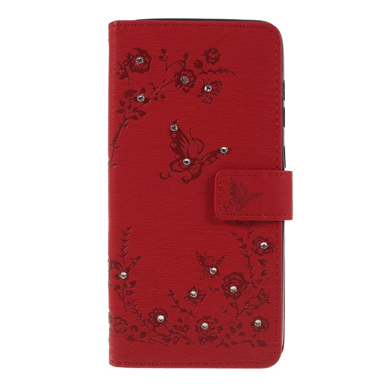 For Samsung Galaxy A50/A50s/A30s/A50s/A30s Imprinted Butterfly Flowers Rhinestone Flip Wallet Leather Stand Phone Case - Red-1