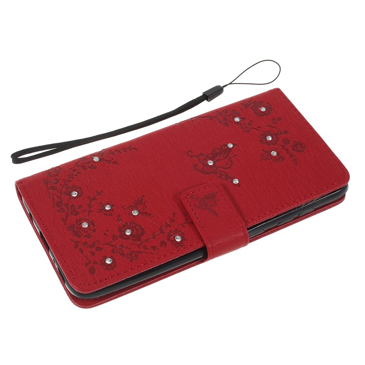 For Samsung Galaxy A50/A50s/A30s/A50s/A30s Imprinted Butterfly Flowers Rhinestone Flip Wallet Leather Stand Phone Case - Red-5