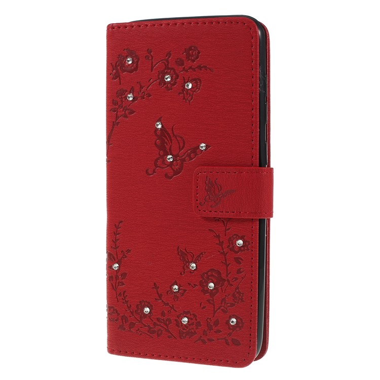 For Samsung Galaxy A50/A50s/A30s/A50s/A30s Imprinted Butterfly Flowers Rhinestone Flip Wallet Leather Stand Phone Case - Red-6
