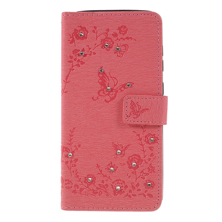 Per Samsung Galaxy A50 Impresso Farfalla Fiori Rhinestone Vibrazione Portafoglio In Pelle Cassa Del Telefono - Rosa-1