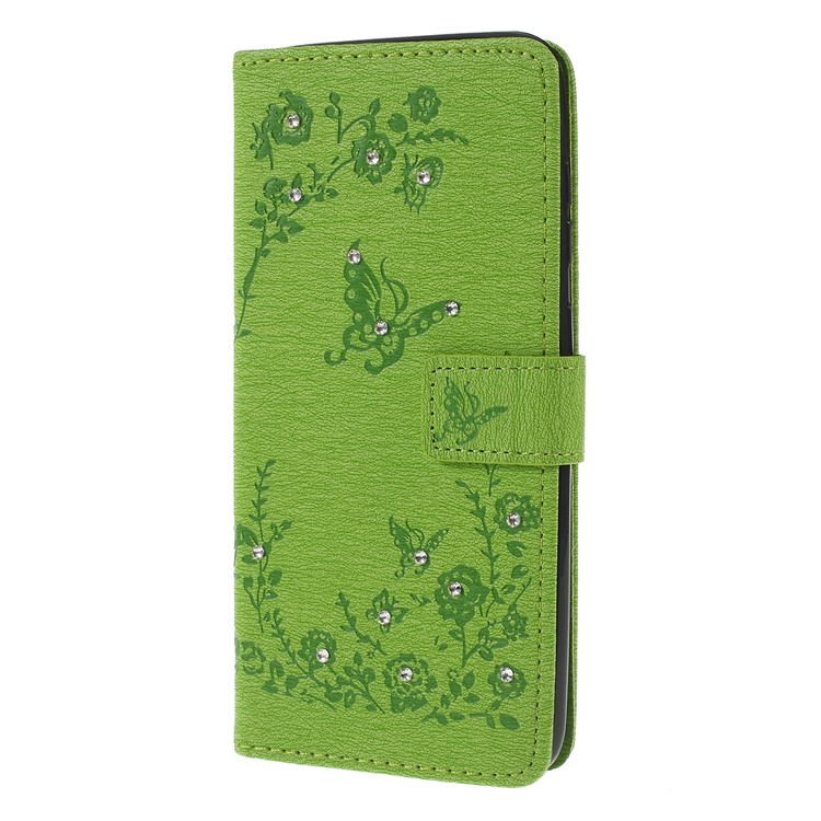 For Samsung Galaxy A50/A50s/A30s/A50s/A30s Imprinted Butterfly Flowers Rhinestone Flip Wallet Leather Stand Phone Case - Green-6