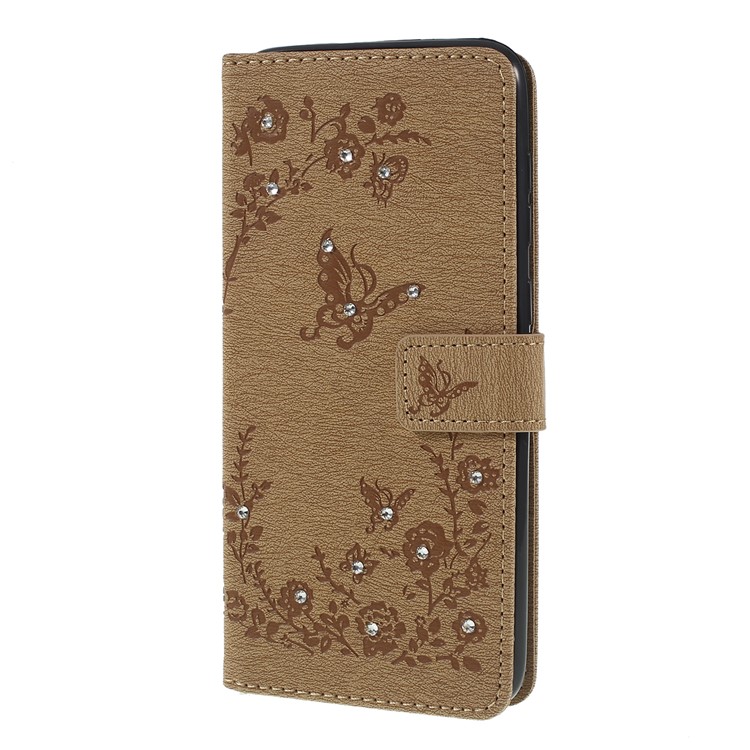 For Samsung Galaxy A50/A50s/A30s/A50s/A30s Imprinted Butterfly Flowers Rhinestone Flip Wallet Leather Stand Phone Case - Brown-6