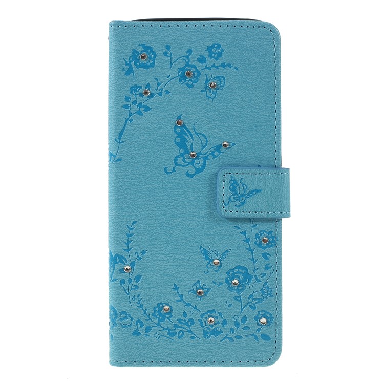 For Samsung Galaxy A50/A50s/A30s/A50s/A30s Imprinted Butterfly Flowers Rhinestone Flip Wallet Leather Stand Phone Case - Blue-1