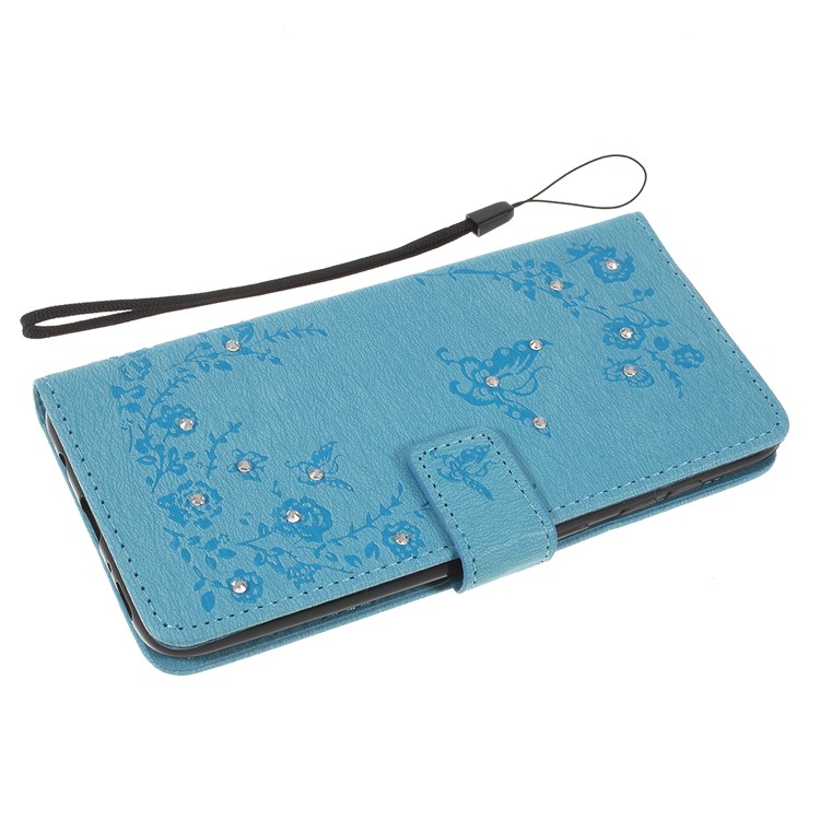 For Samsung Galaxy A50/A50s/A30s/A50s/A30s Imprinted Butterfly Flowers Rhinestone Flip Wallet Leather Stand Phone Case - Blue-5