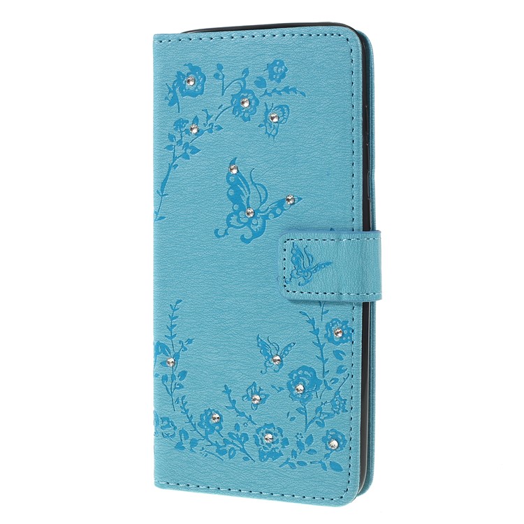 For Samsung Galaxy A50/A50s/A30s/A50s/A30s Imprinted Butterfly Flowers Rhinestone Flip Wallet Leather Stand Phone Case - Blue-6