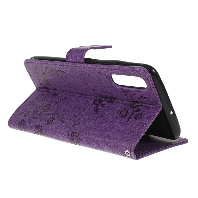 Para Samsung Galaxy A50 Impresa Mariposa Flores Rhinestone Flip Billetera Soporte De Cuero Caja Del Teléfono - Púrpura-3