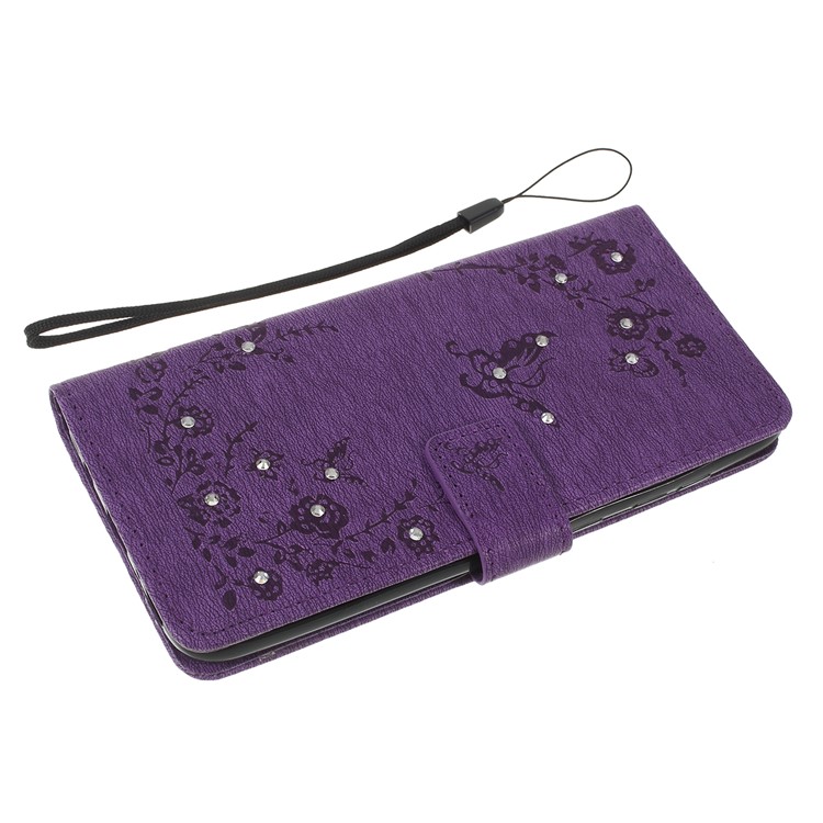 Para Samsung Galaxy A50 Impresa Mariposa Flores Rhinestone Flip Billetera Soporte De Cuero Caja Del Teléfono - Púrpura-5