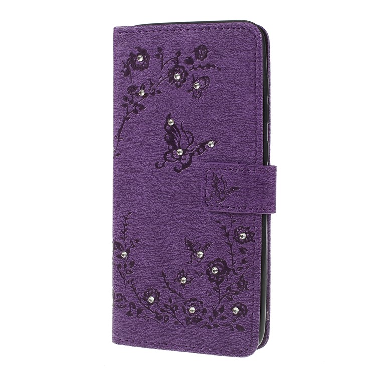 Para Samsung Galaxy A50 Impresa Mariposa Flores Rhinestone Flip Billetera Soporte De Cuero Caja Del Teléfono - Púrpura-6
