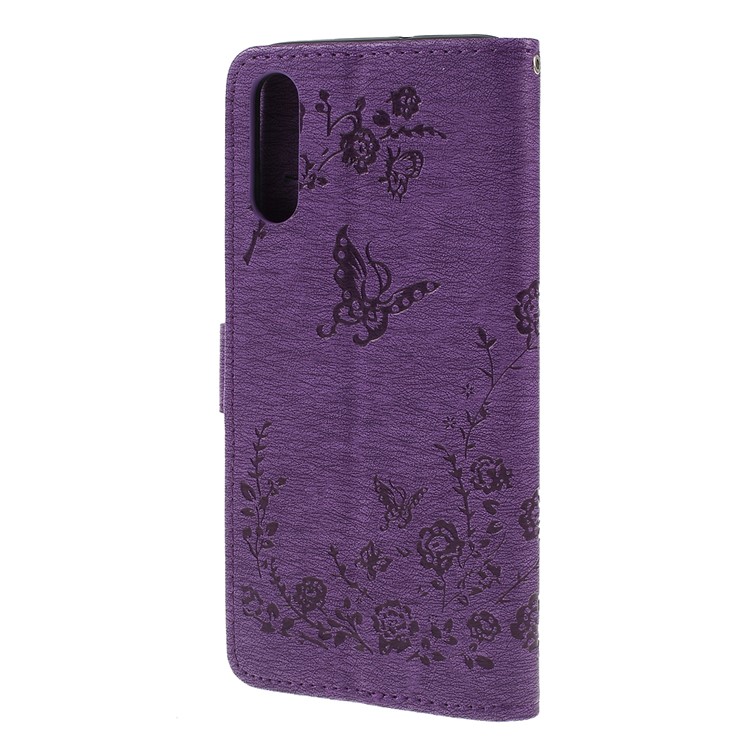 Para Samsung Galaxy A50 Impresa Mariposa Flores Rhinestone Flip Billetera Soporte De Cuero Caja Del Teléfono - Púrpura-7