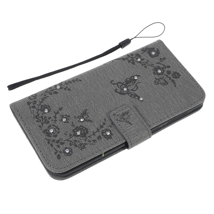 For Samsung Galaxy A30 / A20 Imprinted Butterfly Flowers Rhinestone Flip Wallet Leather Stand Phone Case - Grey-10