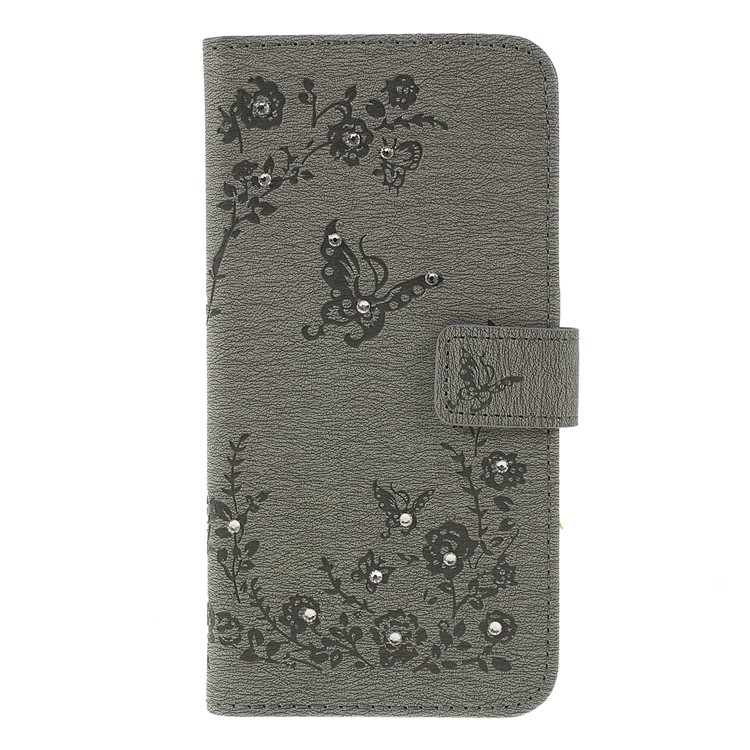 For Samsung Galaxy A30 / A20 Imprinted Butterfly Flowers Rhinestone Flip Wallet Leather Stand Phone Case - Grey-3