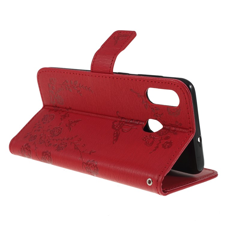 For Samsung Galaxy A30 / A20 Imprinted Butterfly Flowers Rhinestone Flip Wallet Leather Stand Phone Case - Red-3