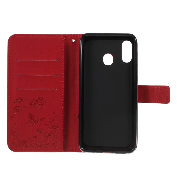 For Samsung Galaxy A30 / A20 Imprinted Butterfly Flowers Rhinestone Flip Wallet Leather Stand Phone Case - Red-4