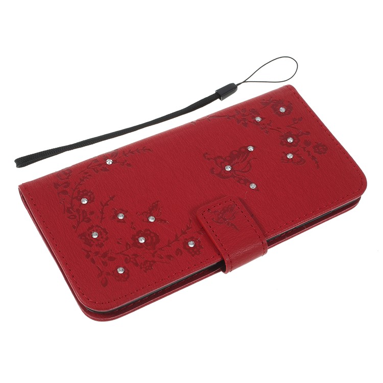 For Samsung Galaxy A30 / A20 Imprinted Butterfly Flowers Rhinestone Flip Wallet Leather Stand Phone Case - Red-5