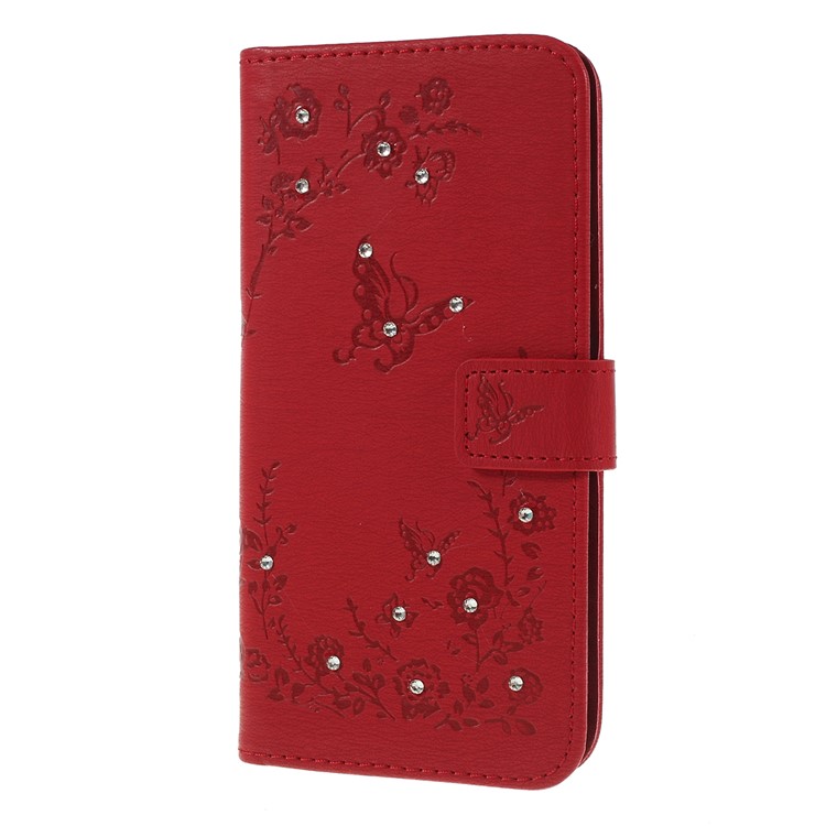 For Samsung Galaxy A30 / A20 Imprinted Butterfly Flowers Rhinestone Flip Wallet Leather Stand Phone Case - Red-6