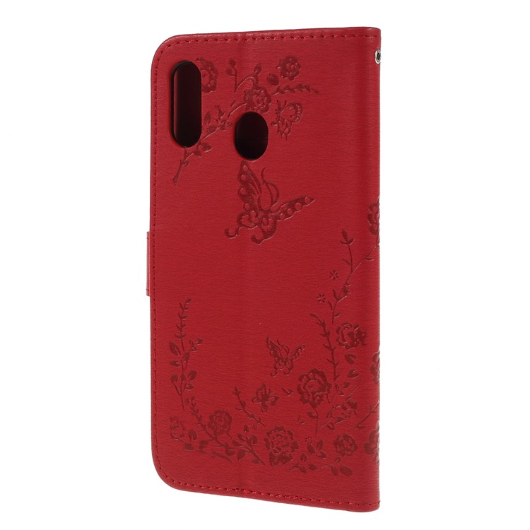For Samsung Galaxy A30 / A20 Imprinted Butterfly Flowers Rhinestone Flip Wallet Leather Stand Phone Case - Red-7