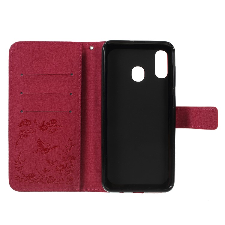 For Samsung Galaxy A30 / A20 Imprinted Butterfly Flowers Rhinestone Flip Wallet Leather Stand Phone Case - Rose-4